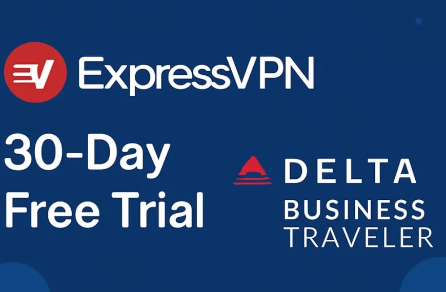 A promotional graphic on a dark blue background featuring the ExpressVPN logo and '30-Day Free Trial' text on the left, and the Delta Business Traveler logo and text on the right.
