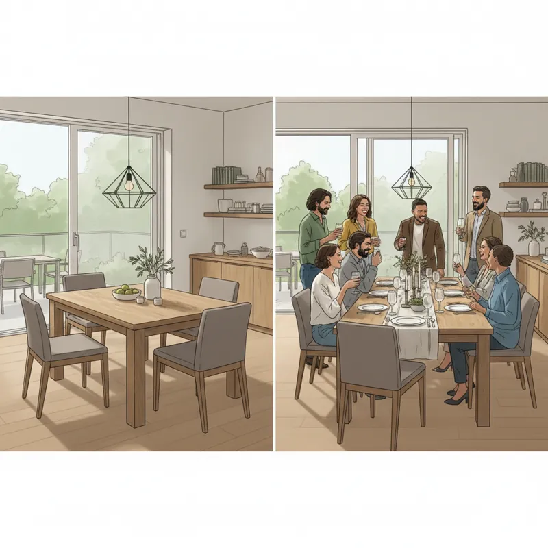 A modern US home dining area showcasing an extendable dining table set, initially compact for daily use, with a seamless transition to a larger setup