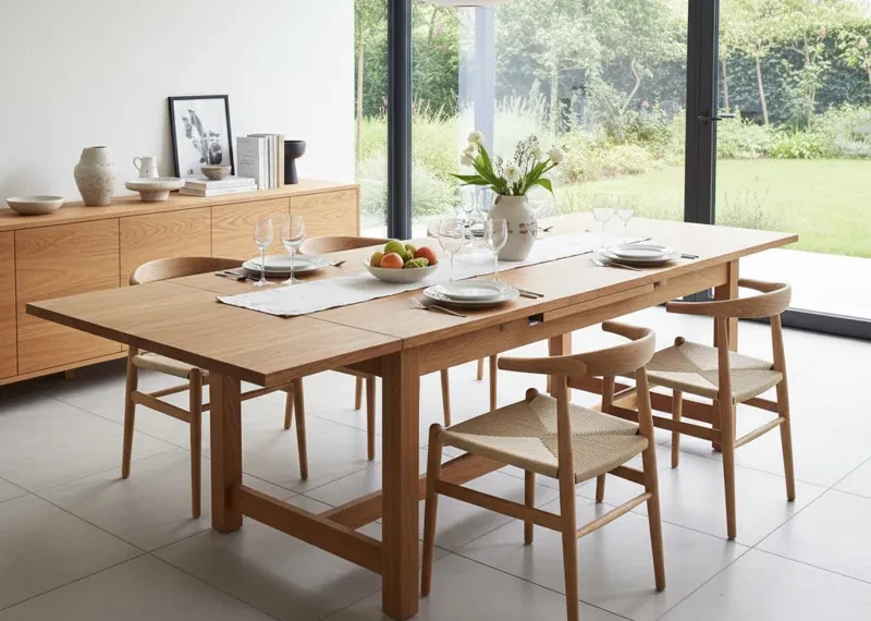 Modern extendable wooden dining table with six matching chairs, extended to accommodate more guests, set in a contemporary dining room.