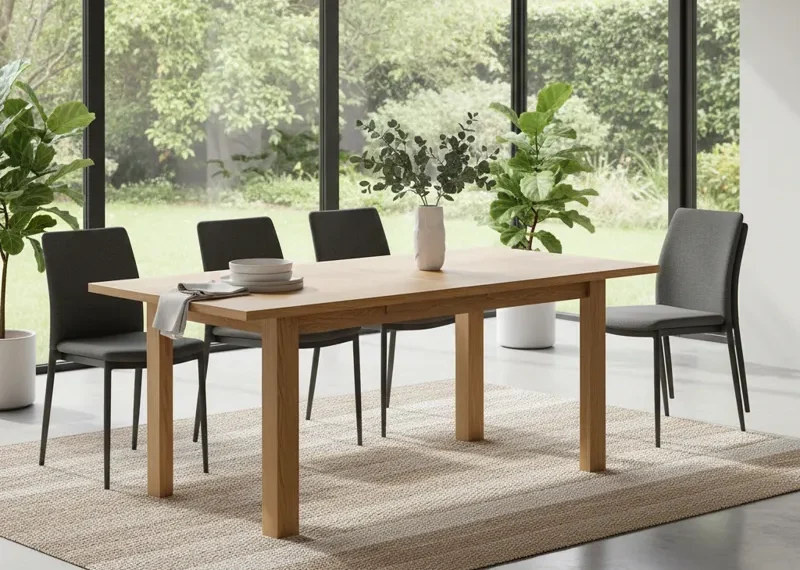 Modern wooden extendable dining table with extra leaves, expanded to comfortably seat a large family or guests in a dining room.