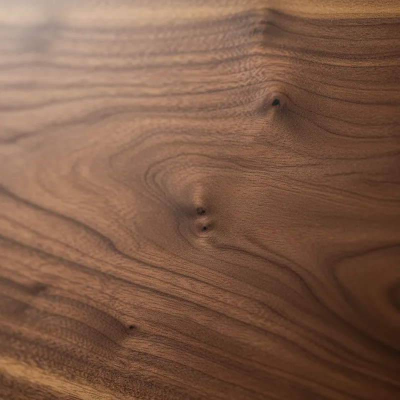 A close-up shot of a polished walnut wood grain, highlighting its rich, warm tones and natural patterns. Focus on the depth and character of the wood.