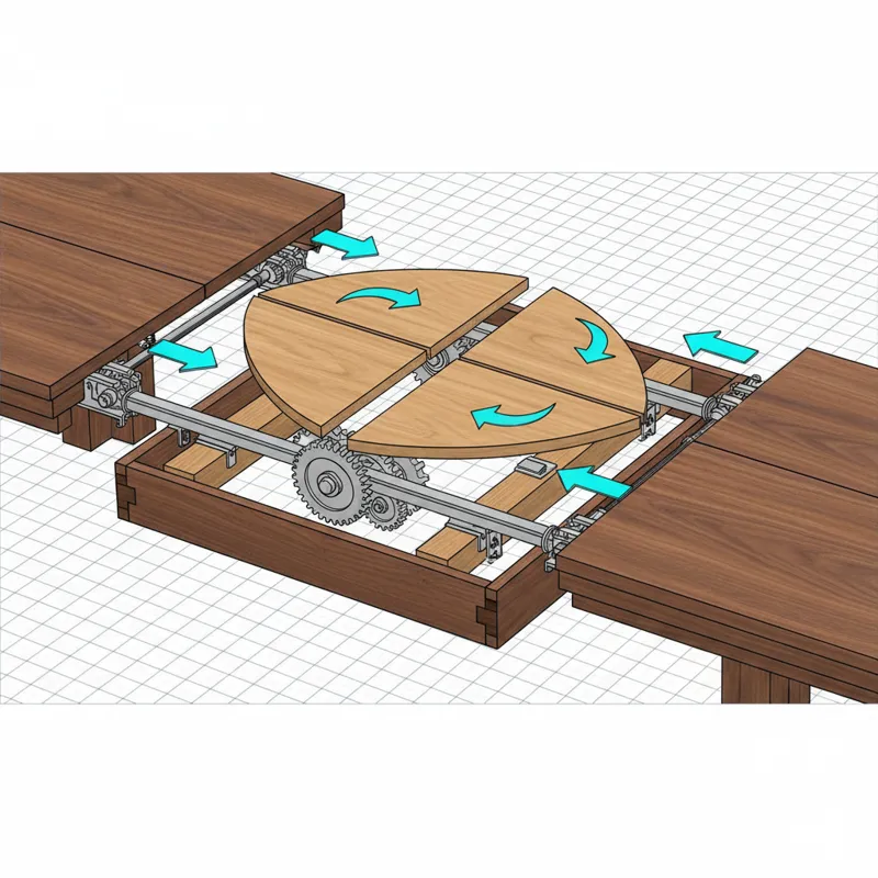 A detailed technical illustration showing the inside workings of a butterfly leaf extension mechanism in a walnut dining table, with arrows indicating