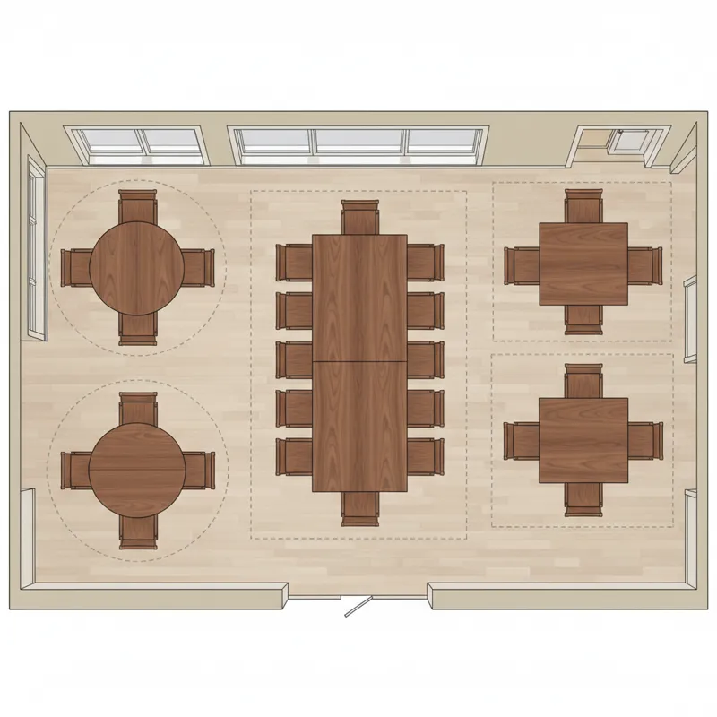 An overhead architectural plan of a dining room showing different sizes of extendable walnut dining tables (closed and open) and the recommended clear