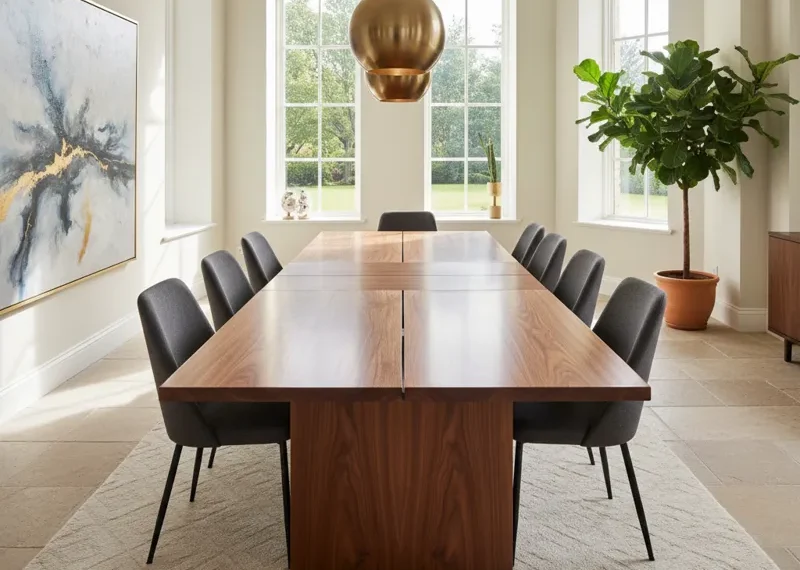 Modern extendable walnut dining table in a dining room, showcasing its rich wood grain and sleek design.