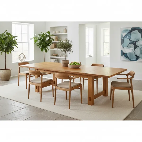 Extendable wooden dining table shown fully extended with two leaves inserted, ready to accommodate more guests.