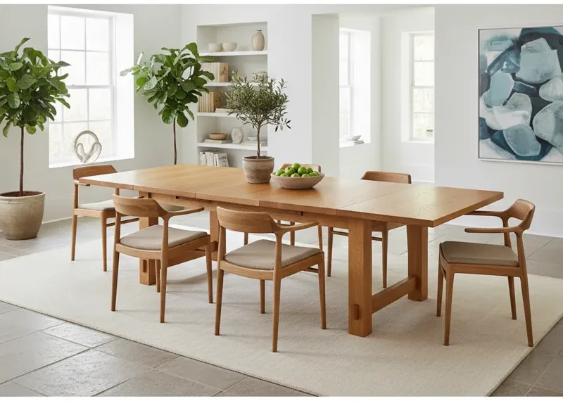 Extendable wooden dining table shown fully extended with two leaves inserted, ready to accommodate more guests.