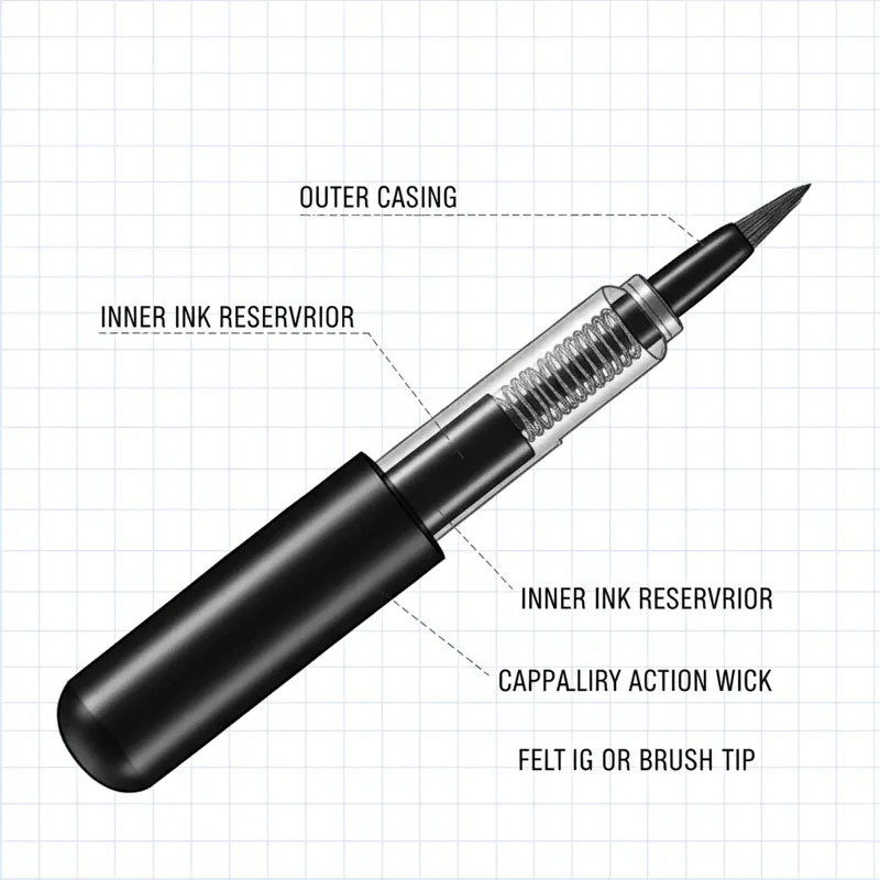 A detailed technical drawing or diagram showing a cross-section of an eyeliner pen, labeling its components: outer casing, inner ink reservoir, capill