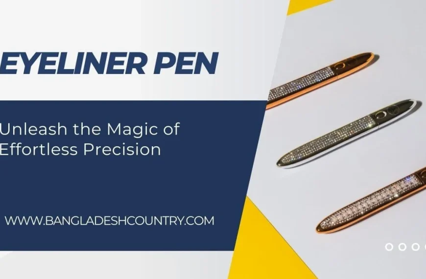 Three sparkling rhinestone-covered eyeliner pens, two in rose gold and one in silver, are arranged diagonally on a split white and yellow background. A dark blue rectangle on the left features the bold text 'EYELINER PEN' and the slogan 'Unleash the Magic of Effortless Precision', along with the website 'WWW.BANGLADESHCOUNTRY.COM'.