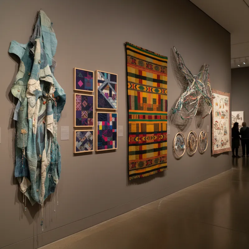 A diverse collection of modern and traditional fabric art pieces displayed on a gallery wall, showcasing various textures, colors, and sizes.