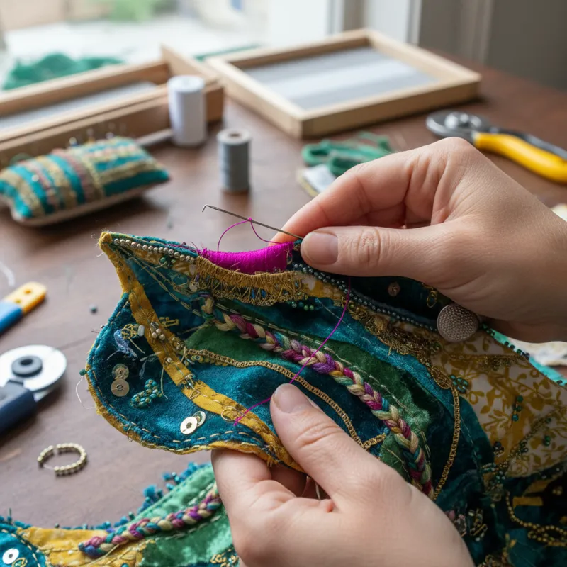 A close-up, high-definition shot of hands working on a textile art project, showing intricate stitching, weaving, or appliqué with colorful threads an