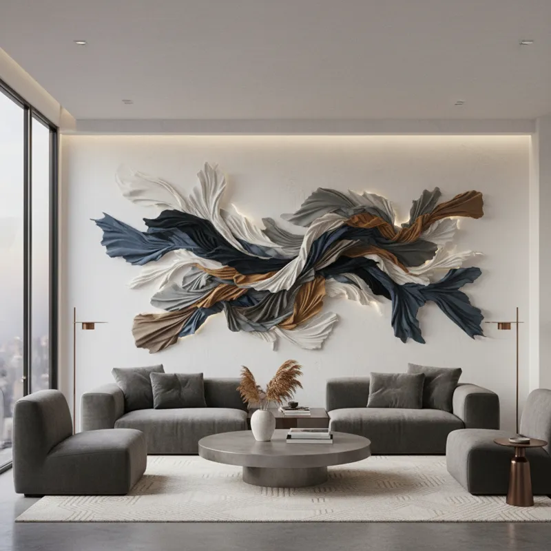 An interior design scene featuring a large, abstract fabric wall art piece serving as a focal point in a modern living room, complementing the furnitu