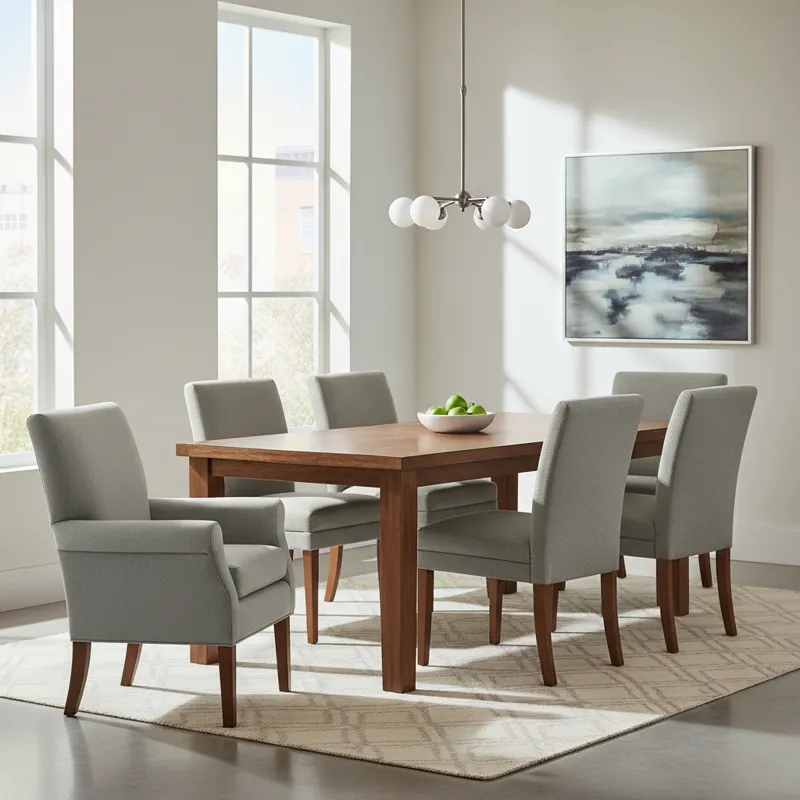 A stylish dining room with a large wooden dining table and six fabric dining room chairs, two of which are upholstered armchairs at the heads of the t
