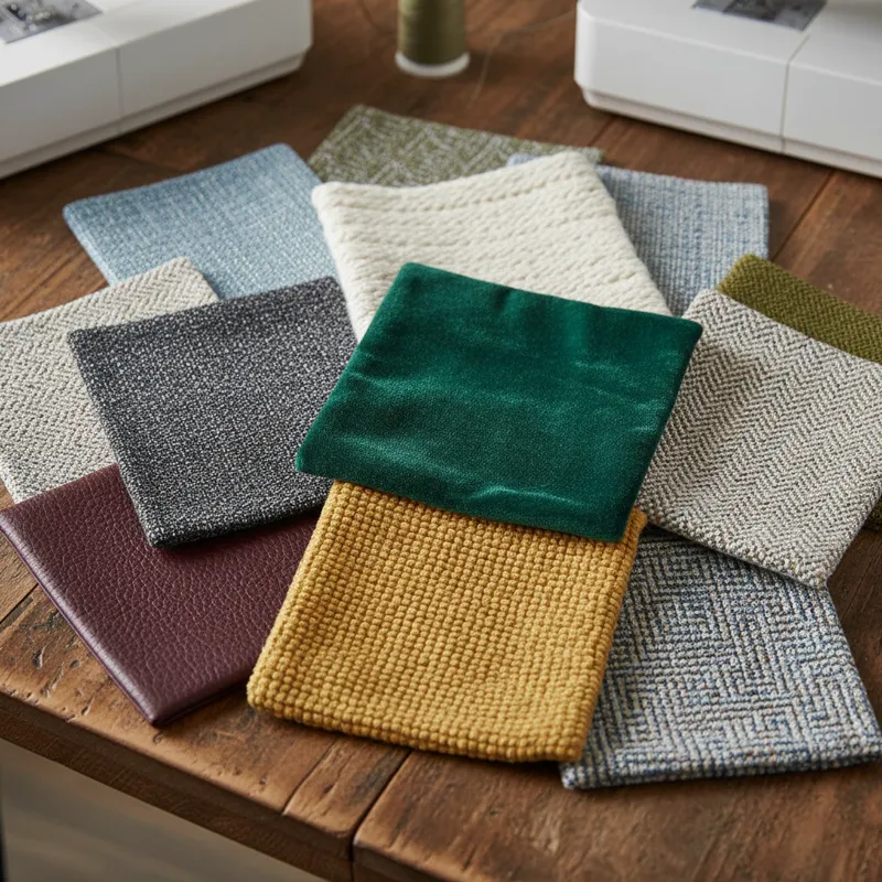 A close-up of various fabric swatches for dining chairs, showcasing different textures, weaves, and colors. Include examples of synthetic performance