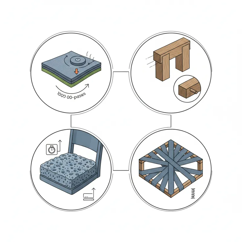 An infographic showing different aspects of chair durability: fabric rub count, frame construction (mortise and tenon joint detail), cushion foam dens