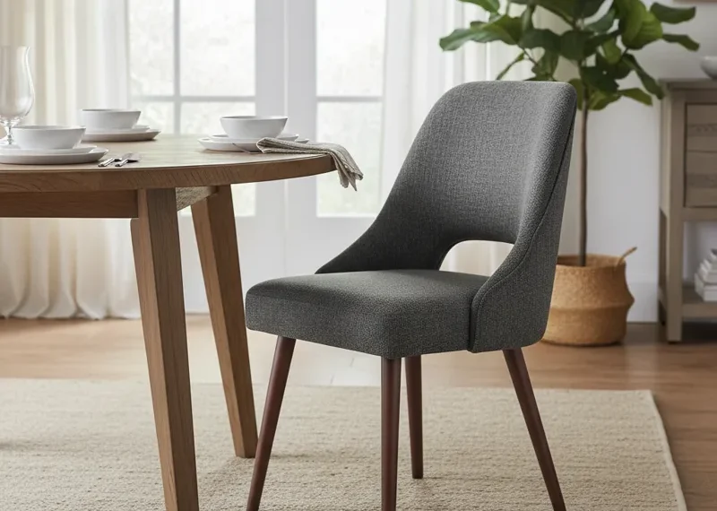Modern grey fabric dining room chair with a high back and dark wooden legs, emphasizing comfort and contemporary style.