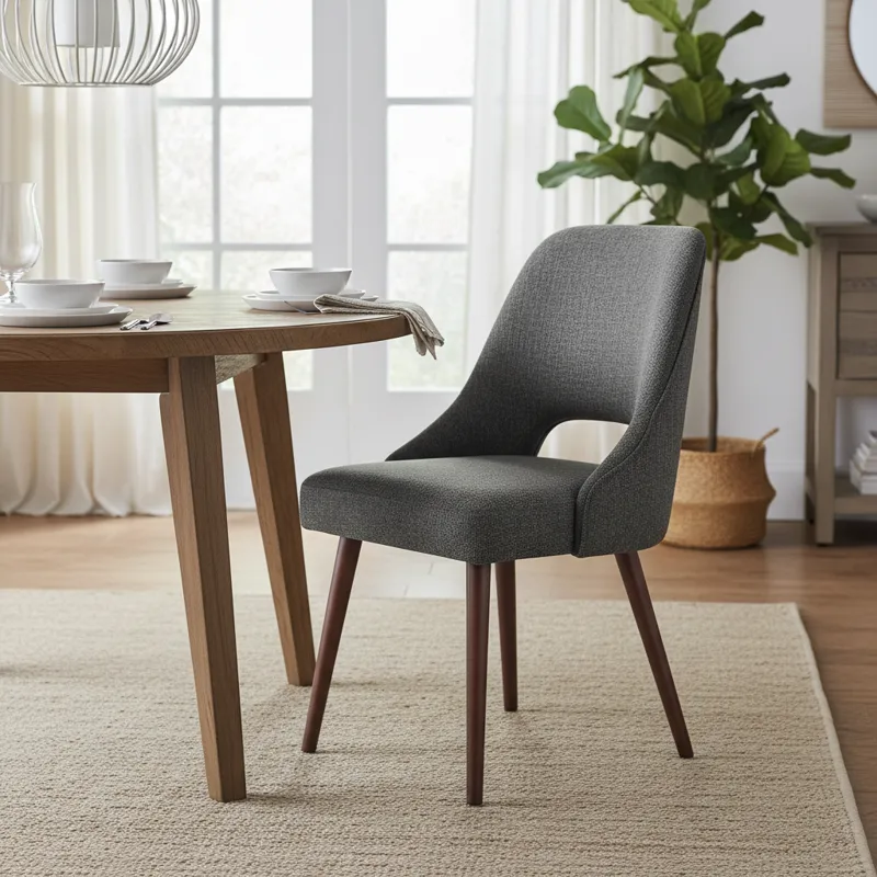 Modern grey fabric dining room chair with a high back and dark wooden legs, emphasizing comfort and contemporary style.