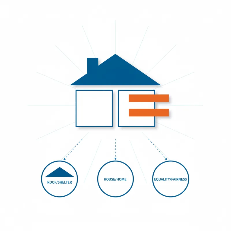 A visual breakdown of the Fair Housing Logo's design elements, highlighting the house and equality sign, with explanatory text.