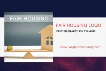 Fair Housing logo featuring a wooden house model and a stack of coins on a balance scale, symbolizing equity and balanced opportunities. The text reads 'FAIR HOUSING LOGO Inspiring Equality and Inclusion' and 'www.bangladeshcountry.com'.