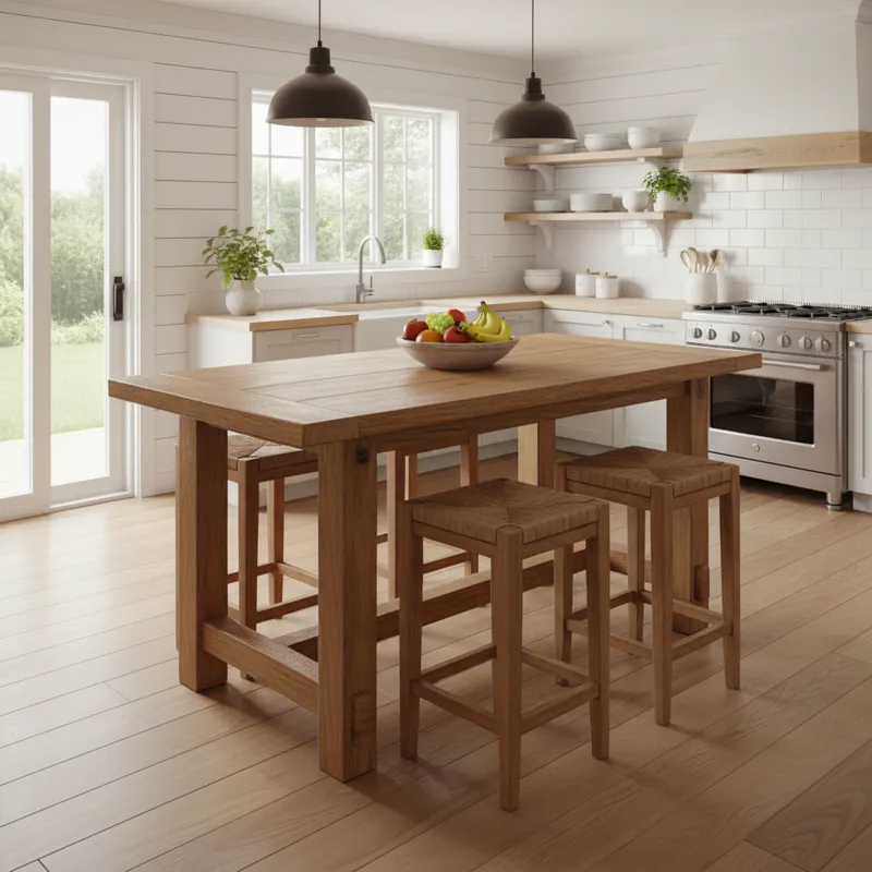 A wide shot of a bright, inviting kitchen or open-plan living space featuring a natural wood farmhouse counter height table with four matching counter