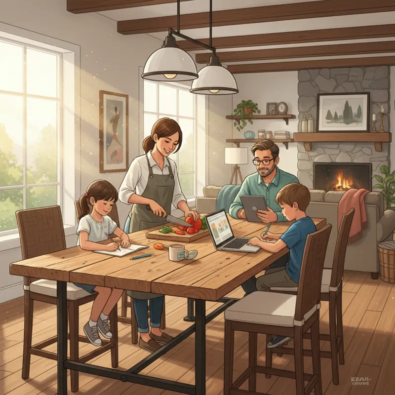 A vibrant, detailed shot of a family (two adults, two children) casually gathered around a rustic high top farmhouse table in an open-concept living a