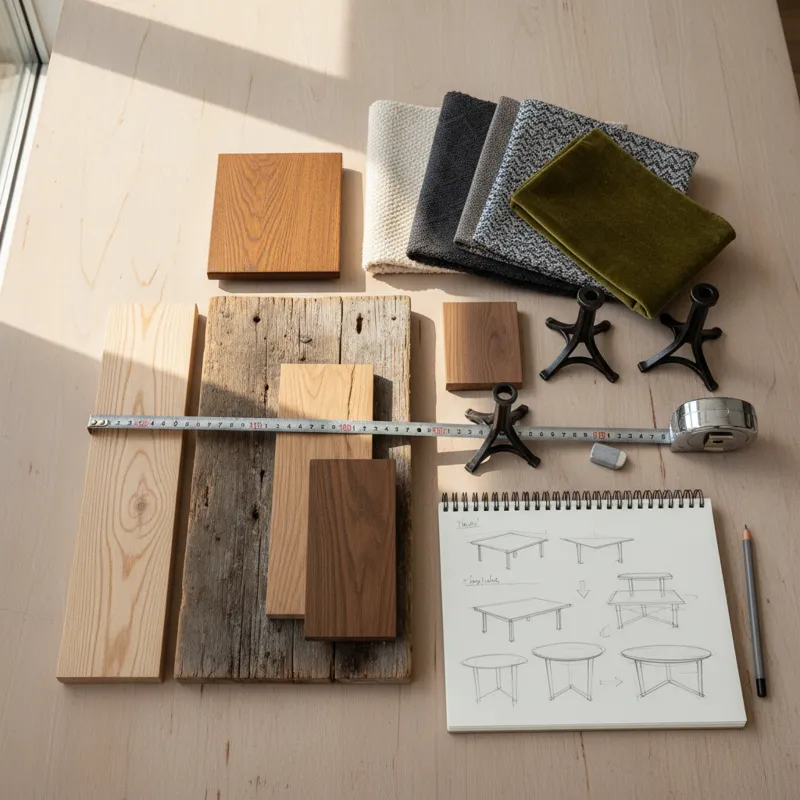A detailed flat lay showing various material samples (different wood types like pine, oak, reclaimed wood, with varied finishes and stains), fabric sw