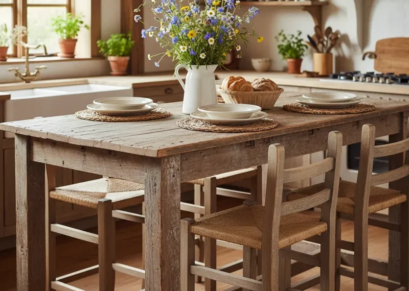 Rustic wooden farmhouse counter height table with matching bar stools in a modern kitchen setting, perfect for dining or an island.