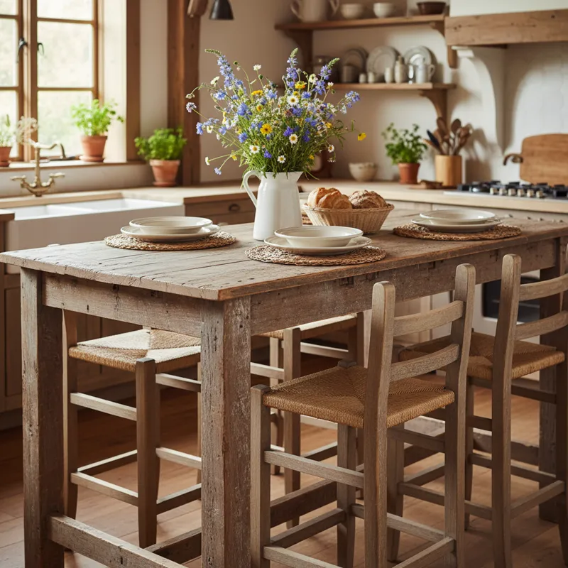 Rustic wooden farmhouse counter height table with matching bar stools in a modern kitchen setting, perfect for dining or an island.