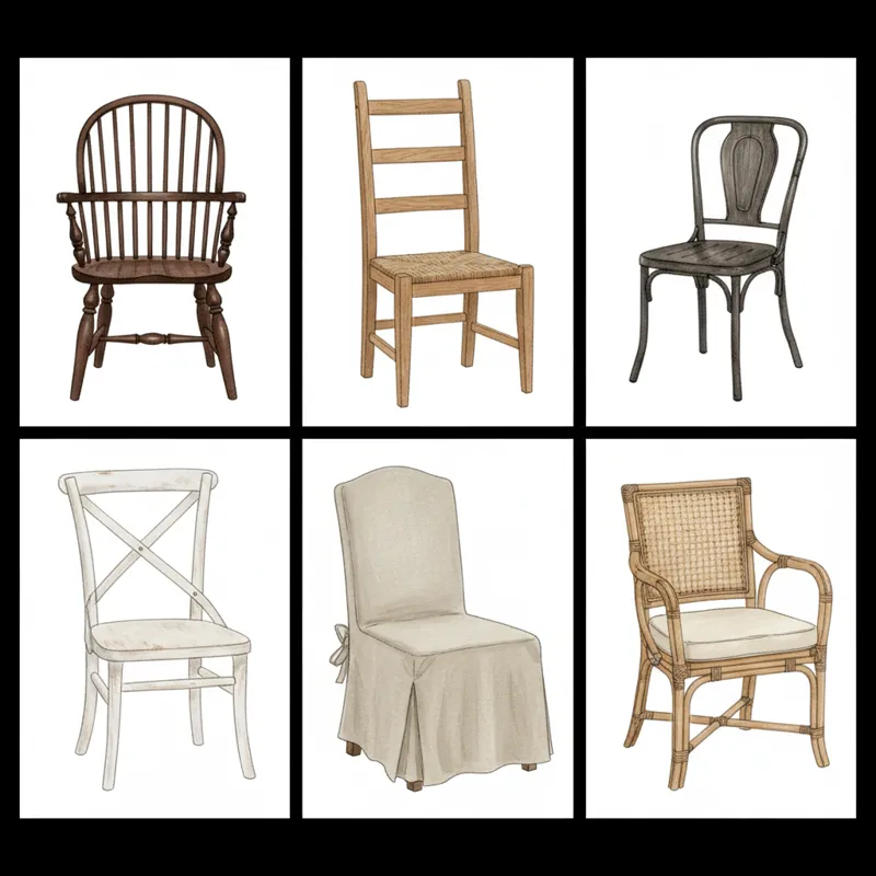 A grid of 6 different farmhouse dining chair styles: Classic Windsor, X-back, Ladder back, upholstered fabric, metal industrial, and a modern French c