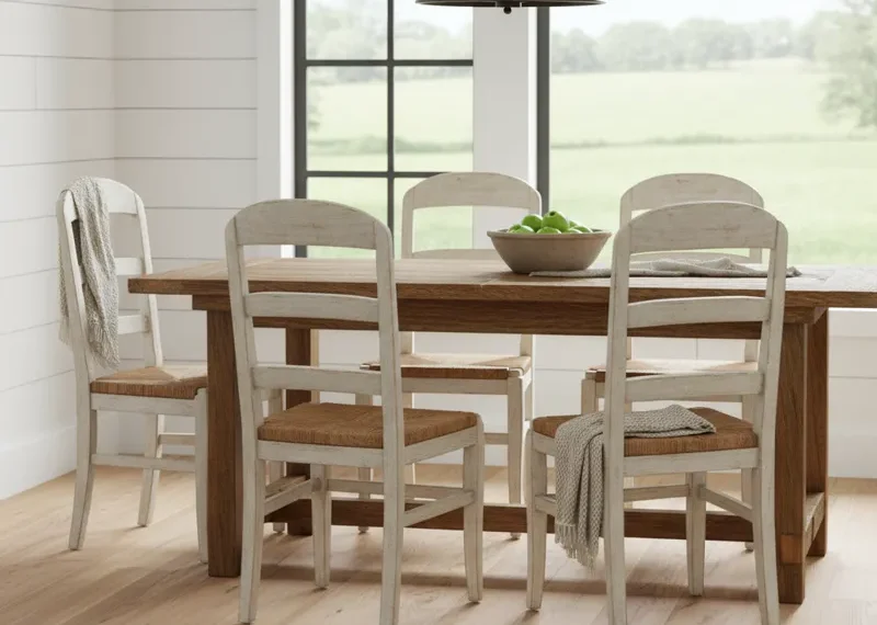 Set of four natural solid wood farmhouse dining chairs with a simple, sturdy design, suitable for rustic or country-style dining rooms. The chairs feature spindle backs and turned legs.
