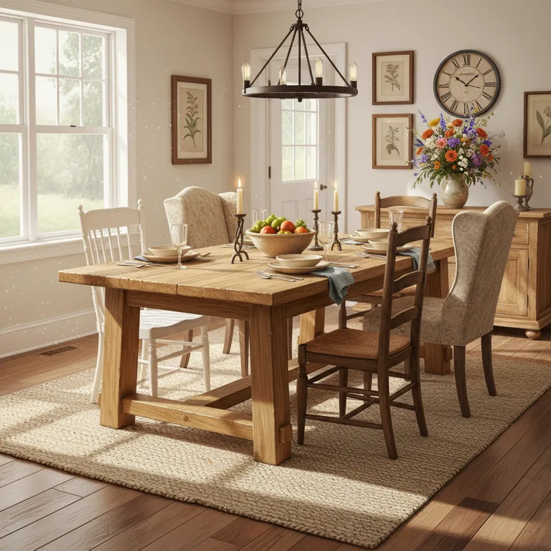 A detailed image showcasing a classic farmhouse dining room table, made of solid wood with visible grain and a sturdy, slightly distressed finish. The