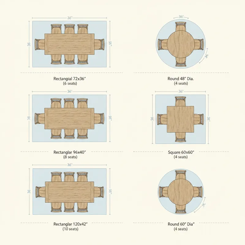 An overhead diagram showing various dining room layouts with different sized farmhouse dining tables (rectangular, round, square), illustrating approp