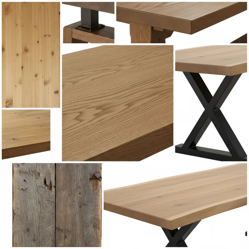 A collage of close-up images showing different wood types (oak, pine, reclaimed wood) used for farmhouse dining room tables, highlighting their unique