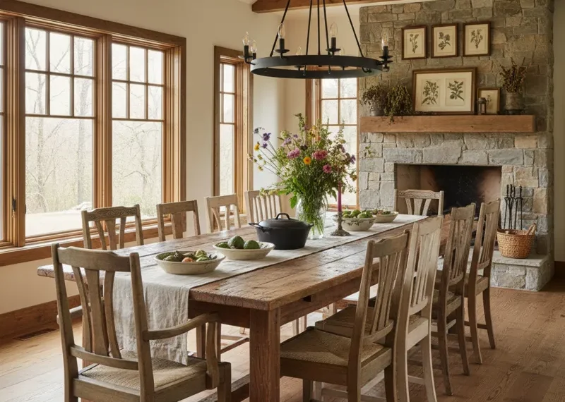 Rustic farmhouse dining room table made of solid natural wood with modern black metal legs, set in a bright, inviting dining space.