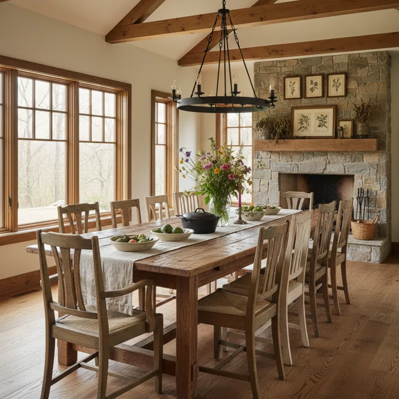Rustic farmhouse dining room table made of solid natural wood with modern black metal legs, set in a bright, inviting dining space.