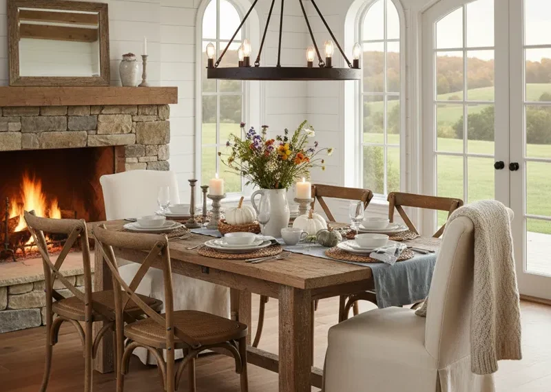 A rustic solid wood farmhouse dining table with six matching chairs in a bright, inviting dining room, perfect for family meals.