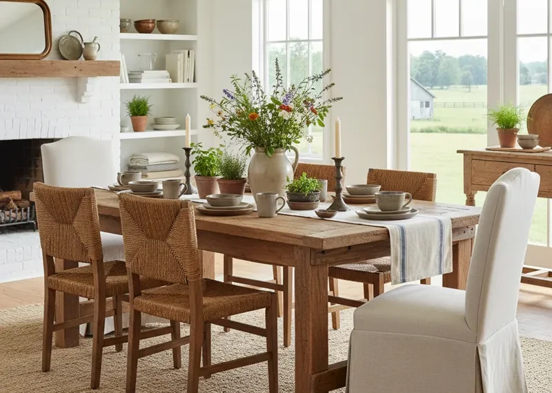 Rustic wooden farmhouse dining table with chairs in a bright, country-style dining room, ready for family meals.