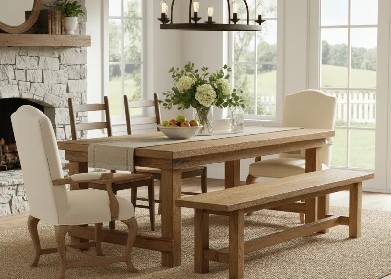 Rustic farmhouse dining table set with a long wooden bench and several chairs in a bright dining room.