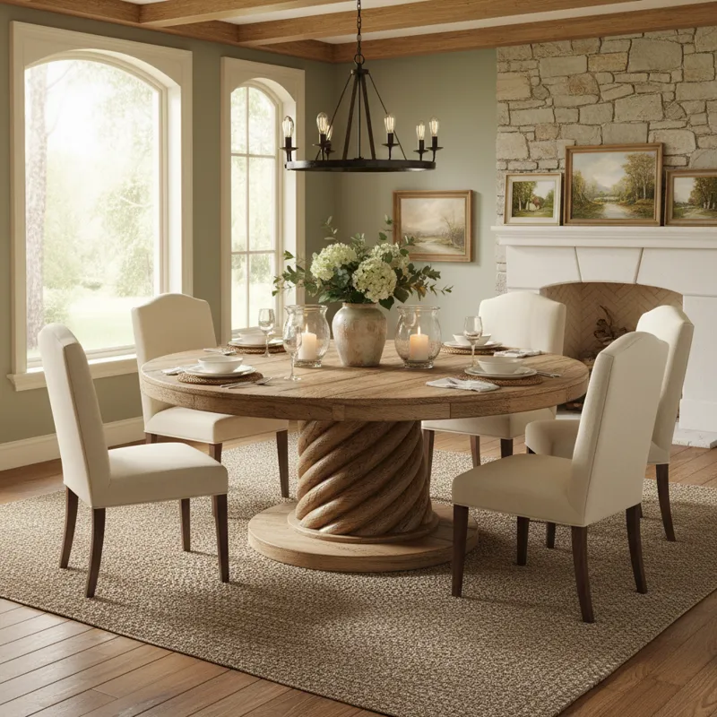 A beautifully set farmhouse pedestal table in a dining room, featuring a sturdy single or double pedestal base, natural wood grain, and surrounded by