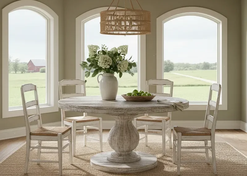 Round farmhouse pedestal dining table with a natural wood top and distressed white base, in a rustic kitchen setting.