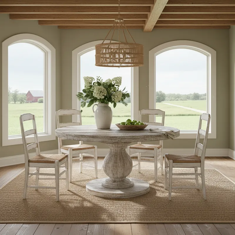 Round farmhouse pedestal dining table with a natural wood top and distressed white base, in a rustic kitchen setting.