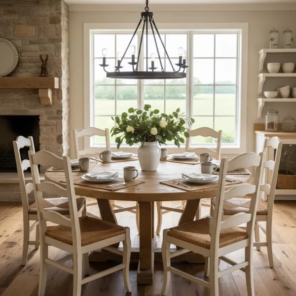 Farmhouse style round dining table crafted from rustic wood, comfortably seating six people, perfect for a cozy dining room or kitchen.