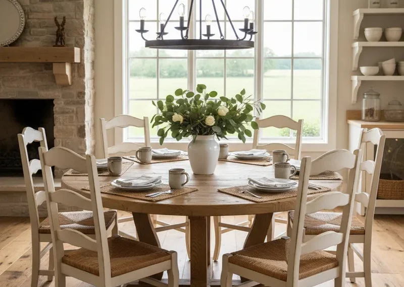 Farmhouse style round dining table crafted from rustic wood, comfortably seating six people, perfect for a cozy dining room or kitchen.