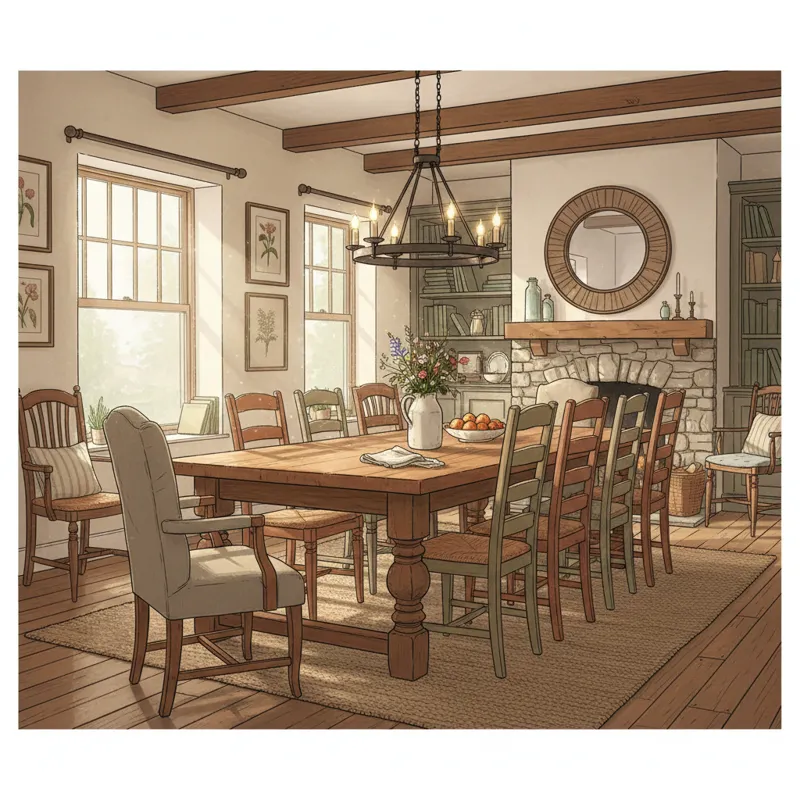 A beautiful, well-lit dining room featuring a robust, solid wood farmhouse table with classic turned legs, surrounded by various mismatched but comple