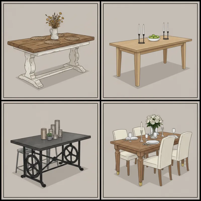 A collage or grid of four distinct farmhouse tables: one traditional rustic, one modern minimalist farmhouse, one industrial farmhouse with metal acce