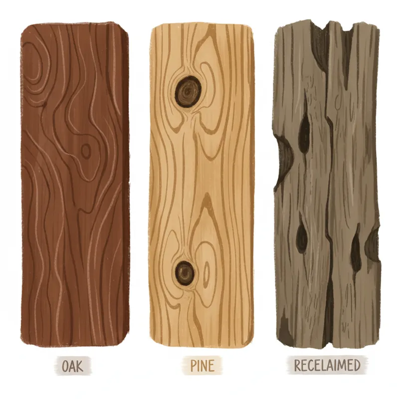 A close-up, high-quality shot of different wood samples used for farmhouse tables: a piece of rich oak, a lighter pine with visible knots, and a secti