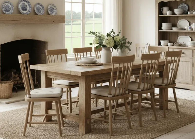 A rustic solid wood farmhouse dining table with sturdy legs, surrounded by matching chairs and a bench, set in a cozy dining room or kitchen. Highlighting timeless farmhouse table furniture.