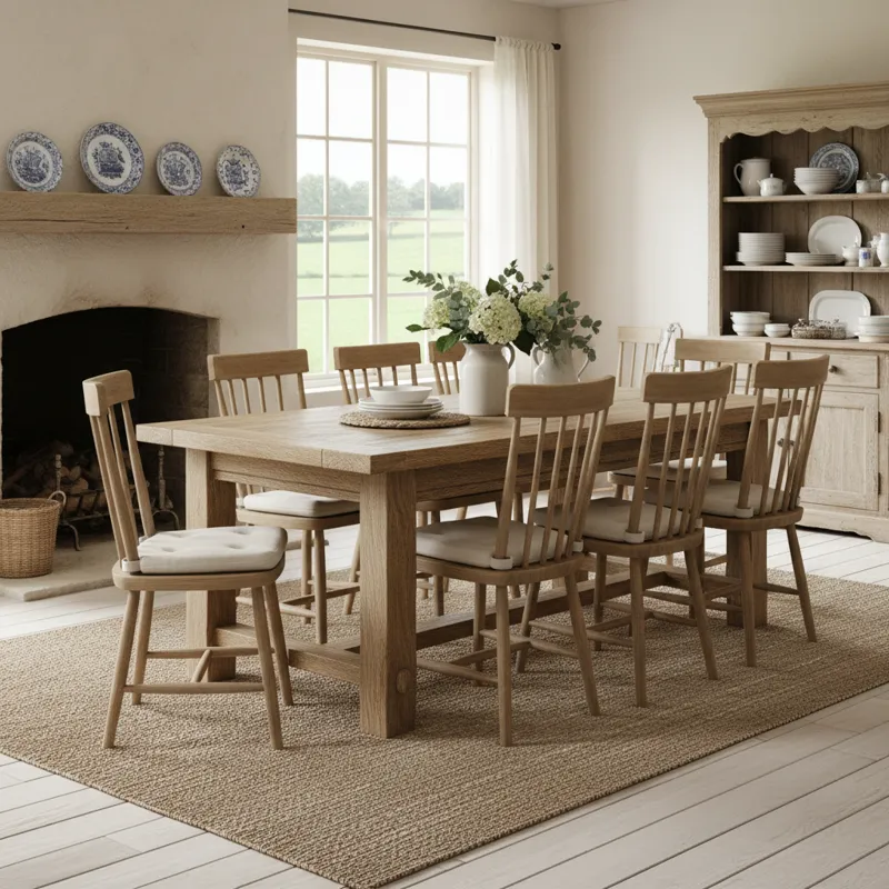 A rustic solid wood farmhouse dining table with sturdy legs, surrounded by matching chairs and a bench, set in a cozy dining room or kitchen. Highlighting timeless farmhouse table furniture.