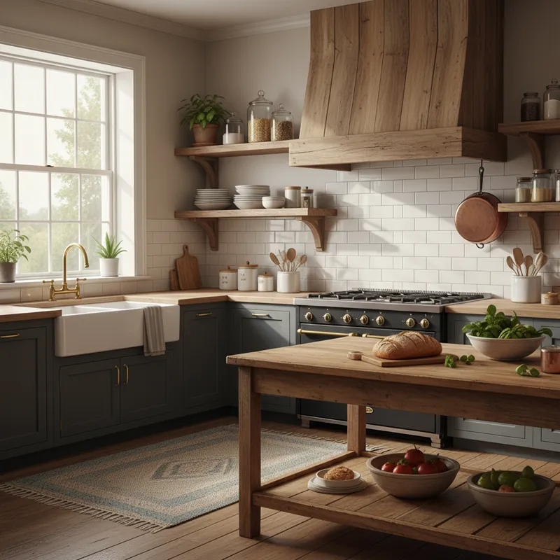 A rustic, well-lit farmhouse kitchen featuring a prominent, natural wood range hood above a gas range, with open shelving and white subway tiles.