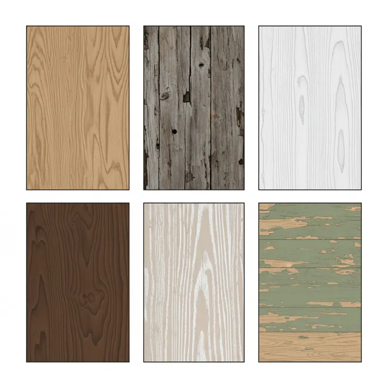 A graphic illustrating different types of wood grains and finishes suitable for a farmhouse range hood, with small text labels.