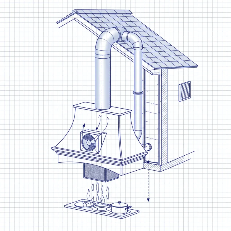 A detailed technical drawing or diagram showing the internal structure and venting requirements for a typical custom wood range hood installation, inc
